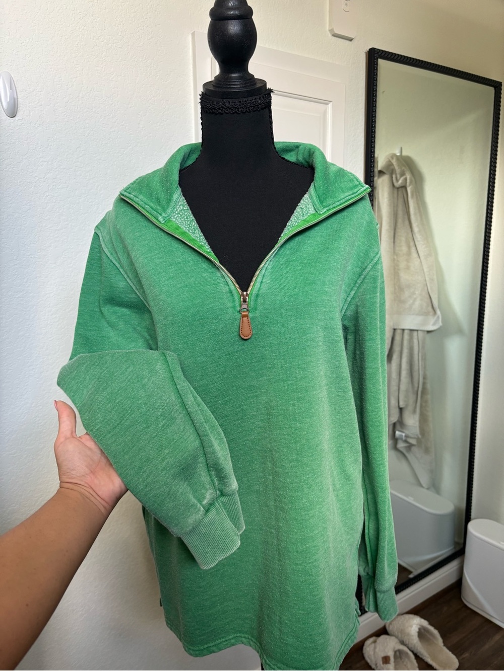 Green Half-Zip Scoop Neck Pullover Sweater